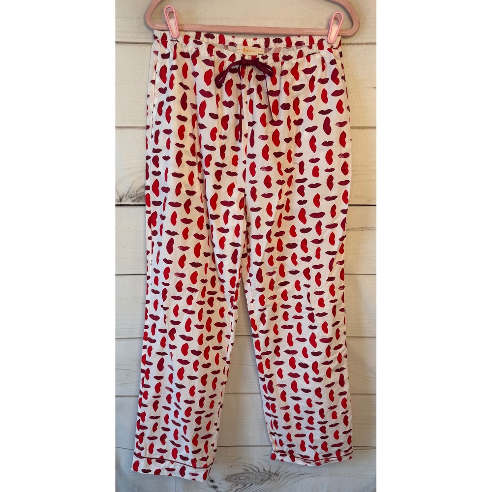 Tory Burch Red Burgundy Lip Print Cotton Pajama Pant M Valentine Kiss Sleepwear